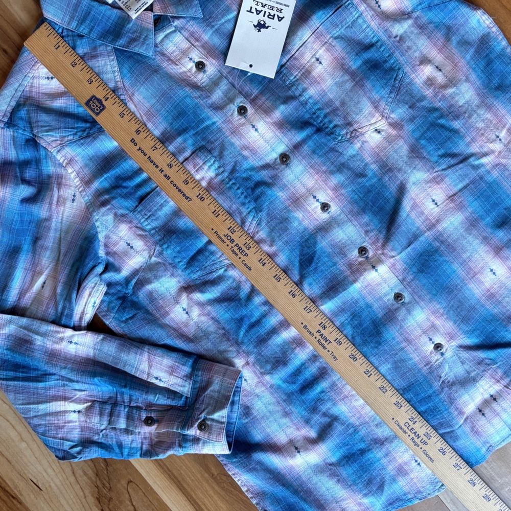 ARIAT REAL Billie Jean Relaxed Fit Aqua & Pink Dobby Plaid Shirt Large NWT - Picture 6 of 7